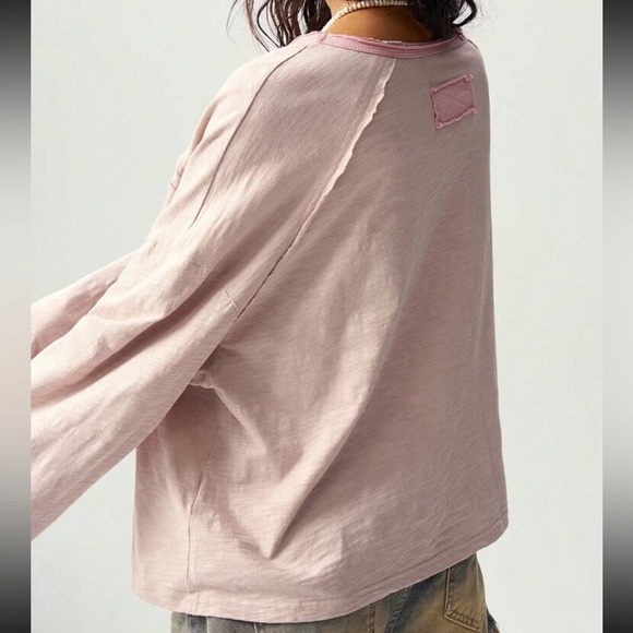 Floral patchwork top tee long sleeve light blush rose pink distressed wide NWT - Picture 5 of 5